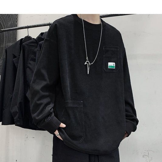 sanyamk Y2k Corduroy Pockets Graphic T Shirts Long Sleeve 2022 Harajuku Streetwear Hip Hop Oversized T-shirts Funny Black Tee