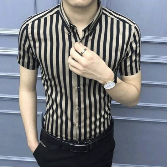 sanyamk Summer Short Sleeve Shirt For Men Korean Slim Business Casual Trend Stripe Print Youth POLO Collar Single Breasted Male Clothing