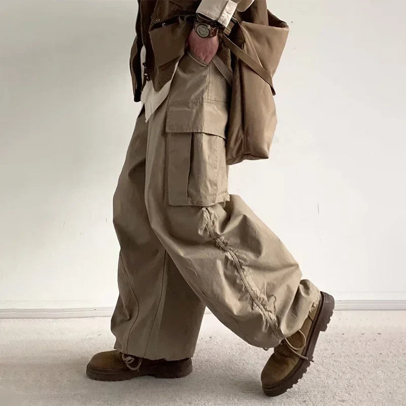sanyamk Japanese Wide Leg Cargo Pants Men Vintage Oversize Cargo Trousers Male Loose Casual Streetwear Hip Hop Pocket Autumn