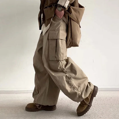 sanyamk Japanese Wide Leg Cargo Pants Men Vintage Oversize Cargo Trousers Male Loose Casual Streetwear Hip Hop Pocket Autumn