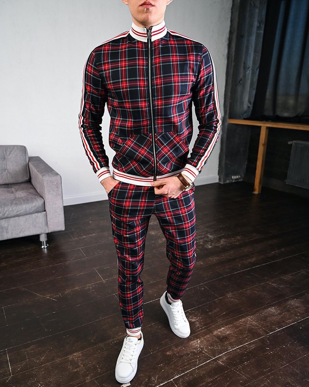 sanyamk New men's tracksuit Fashion Plaid Man Sets Trendy Brand Casual Sportswear Spring Autumn Jacket + Pants 2 Piece Set 3D Print