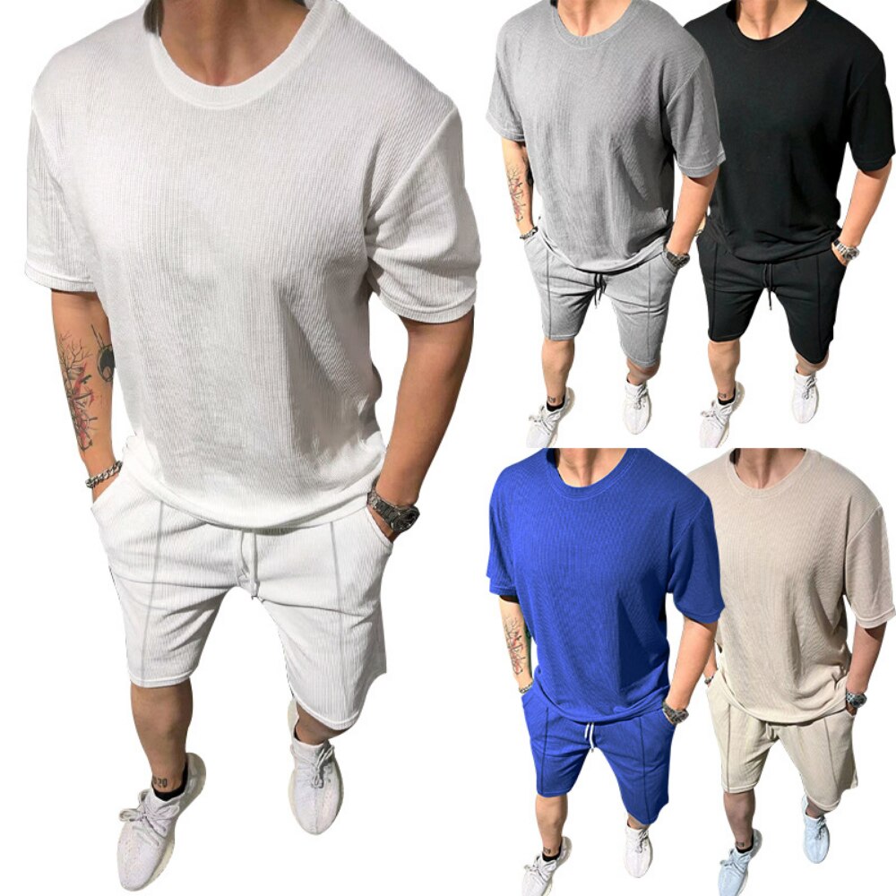 sanyamk Summer Mens Shirt Sets Thin Solid Breathable Short Sleeve Waffle Shirts & Shorts Men Set With Pocket