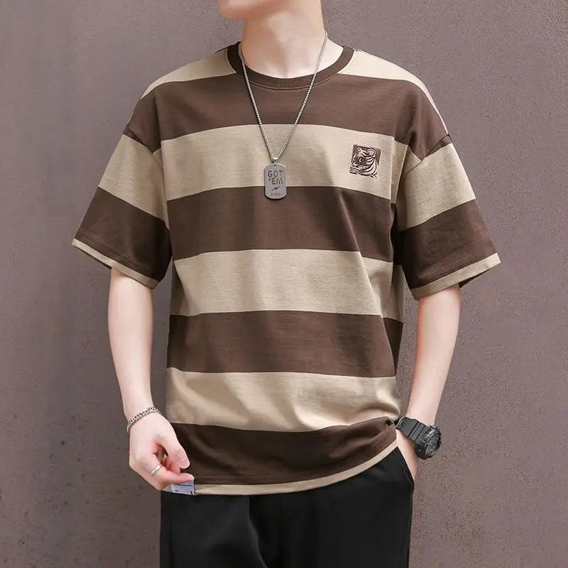 sanyamk Summer New Men's Pullovers Crew Neck Contrast Color Casual Fashion Loose All-match Young Style Short Sleeve Striped T-shirt Tops