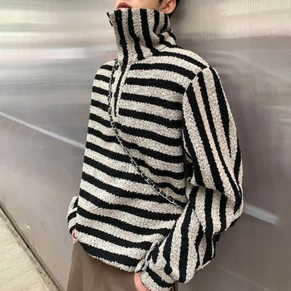 Bonsir Autumn And Winter Striped Color-Blocked Sweater Lazy Style Short Lapel Sweatshirt Unisex Loose Casual Long-Sleeved Top