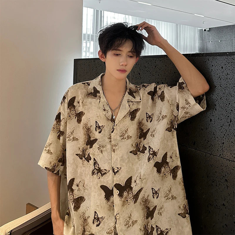 Bonsir Summer Butterfly Printed Tie-dye Shirt Men Windsor Collar Loose Casual Short Sleeve Shirts Oversize Streetwear Boy Girl Blouses