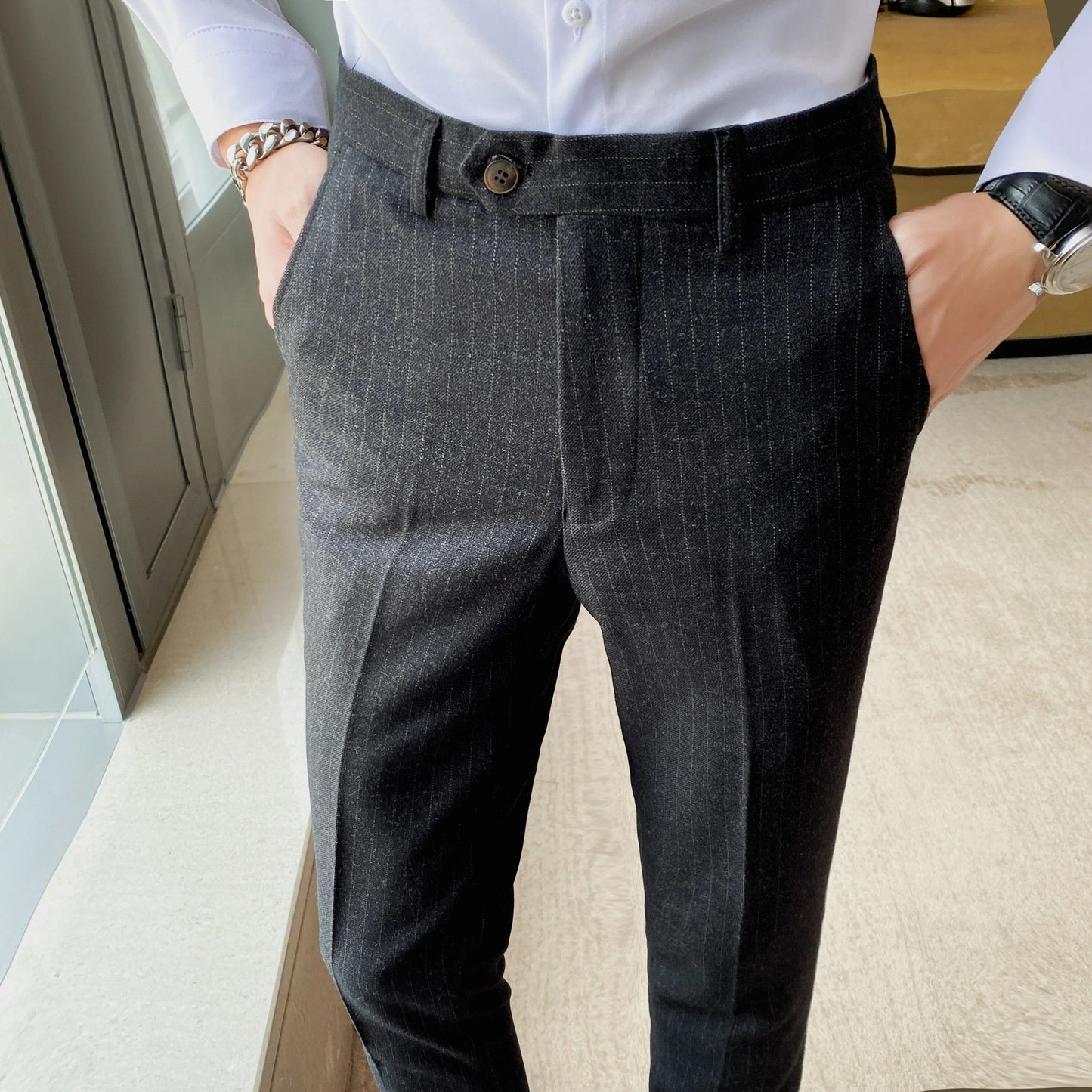 sanyamk Men's Spring Autumn New Fashion Business Casual stripe Suit Trousers Male Solid Color Straight Pants Men Loose Cotton Pants