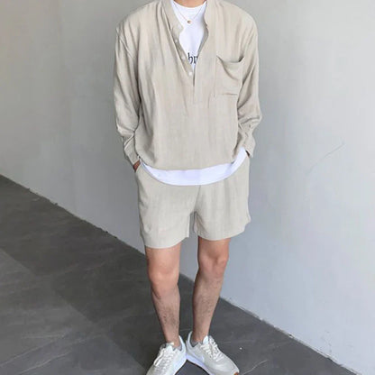 sanyamk Korean Fashion Summer Clothes Men 2 Piece Set Solid Hip Hop V-neck Tops Shorts Streetwear Short Pants Outfits Casual Outer Sets