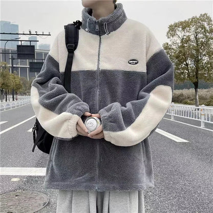 sanyamk Winter Fleece Fluffy Jacket Warm Fuzzy Zipper Patchwork Coat Men Autumn  Lightweight Jackets Streetwear Hip Hop Harajuku