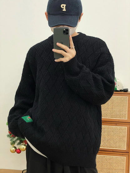 Bonsir -  Winter Autumn Thick Pasted Cloth Pattern O-Neck Sweater Men's Loose Casual Blue Kinttwear Tops Korean Chic Clothing 2A0524