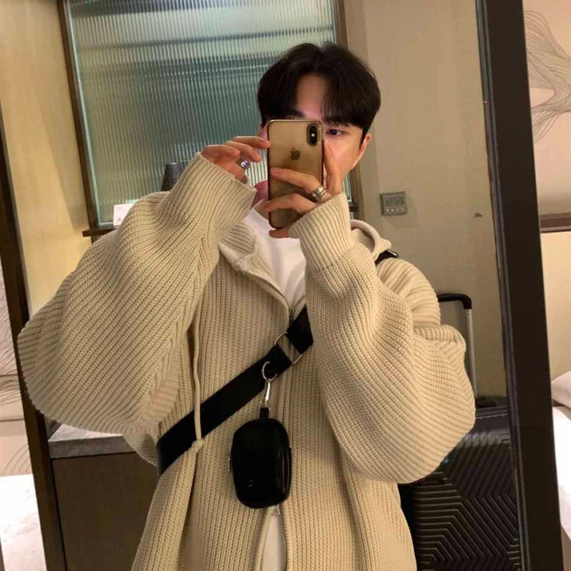 sanyamk Winter Sweater Cardigan Men Warm Oversized Knitted Hooded Sweater Coat Men Korean Loose Cardigan Sweater Mens Jumper Clothes