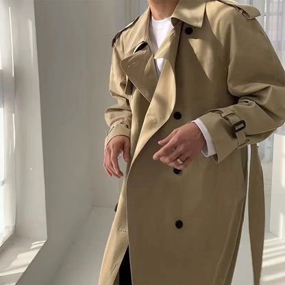sanyamk Khaki Black Trench Coat Men Oversized Fashion Casual Long Coat Men Streetwear Korean Loose Windbreaker Jacket Mens Overcoat