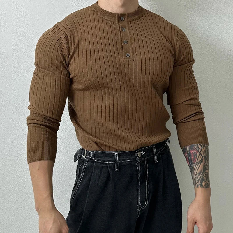 sanyamk  - Vintage Henley Collar Knitted T Shirt Mens Spring Fashion Pure Color Slim Long Sleeve T-shirts For Men Knitwear Casual Pullover