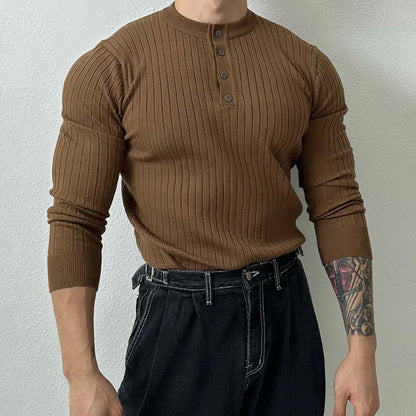 sanyamk  - Vintage Henley Collar Knitted T Shirt Mens Spring Fashion Pure Color Slim Long Sleeve T-shirts For Men Knitwear Casual Pullover