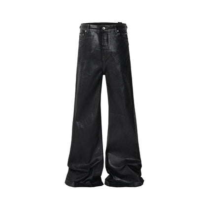 sanyamk Streetwear Black Wax Leather Strecth Jeans for Men Ropa Hombre Baggy Y2k Flare Pants Oversized Straight Denim Trousers