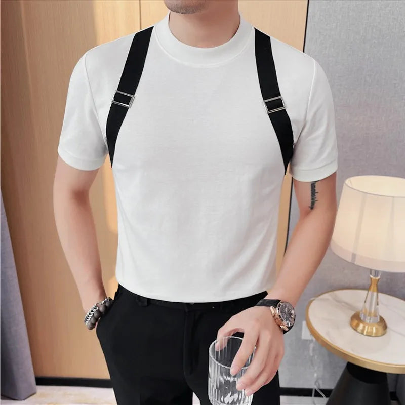 sanyamk  -  Chic Men's Straps T-shirts Short Sleeve Tee Black White Cotton Stretch Casual Slim FIt Clothing Fashion Summer Tops Man