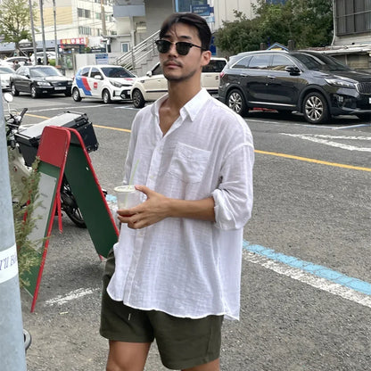 sanyamk Unisex Oversized Linen Shirt Coat Men's Long Sleeve Casual Loose Fit Fashion Japanese Korean Style Sun Protection Clothing