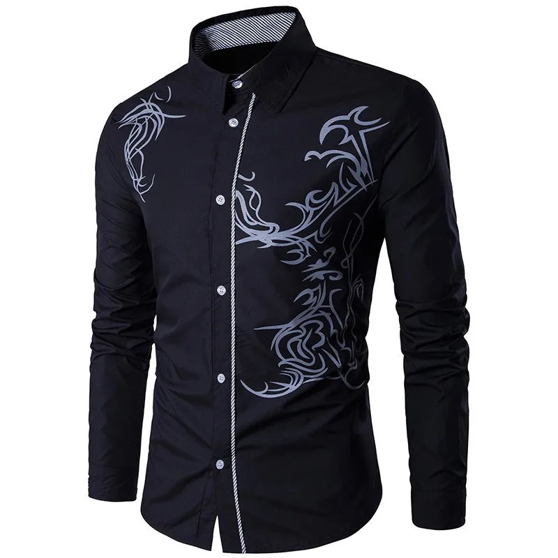 sanyamk Ethnic Style Printed Shirt Men's Long-sleeved Shirt Spring and Autumn White Lapel Business T-shirt Polyester Top Clothes for Men