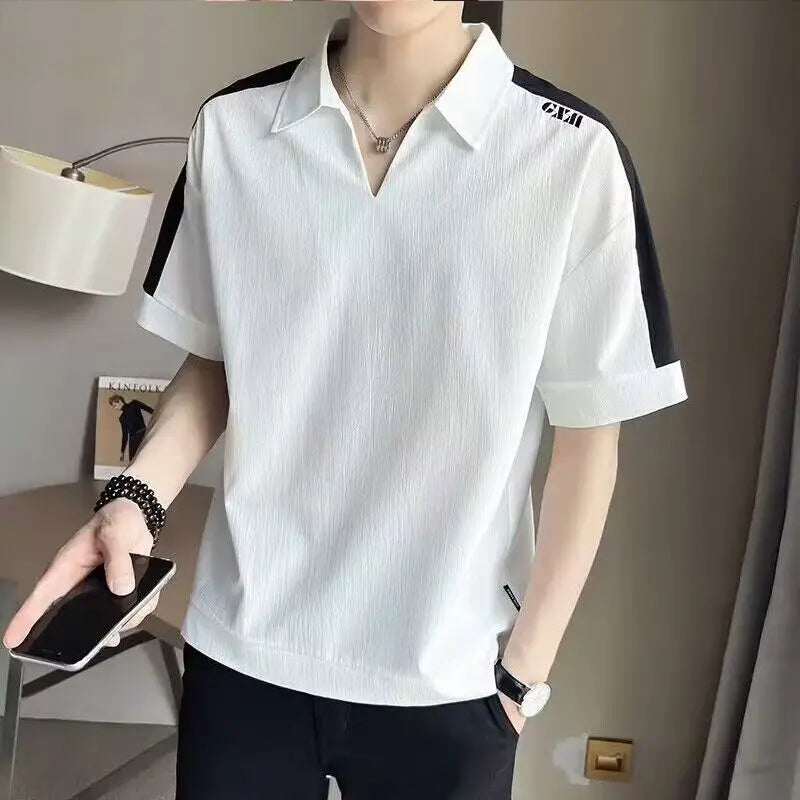 sanyamk Summer New Korean Fashion Trend Versatile Short Sleeved Polo Shirt Men's Lapel Patchwork Design Embroidery Loose Casual Thin Top