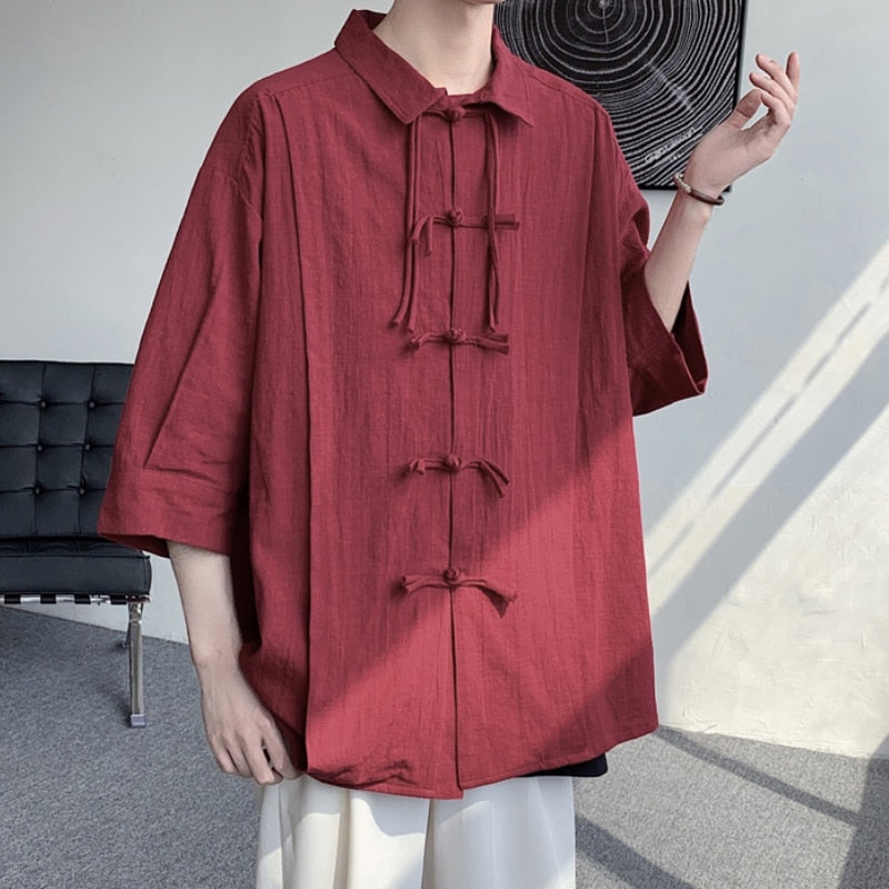 sanyamk Men's Cotton Linen Summer Shirt Chinese Wind Tang Short-sleeved Tops Hanfu Casual Loose Taiji Suit Kung Fu New Shirt T-shirt