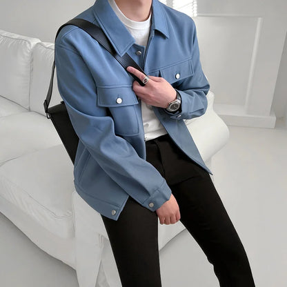 sanyamk -  Jacket Men's Coat Spring Loose Versatile Tops Korean Fashion Casual Slim Fit Blue Lapel Single Breasted Coat 2Y2107