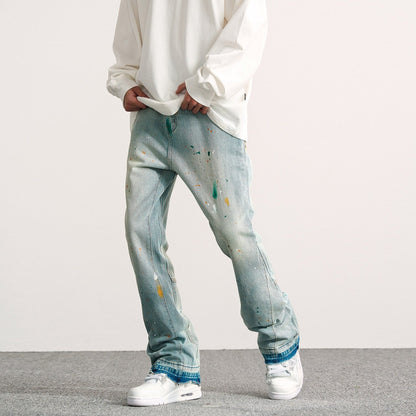 Bonsir High Street Wide Jeans Graffiti Micro Horn Jeans Vintage Hip Hop Denim Flared Pants Men Fashion Speckle Ink Wide Leg Washed Jean