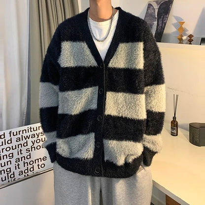 sanyamk Male Cardigans Vintage Retro Sweater Men's Knitted Contrast Color Sweater Winter Warm Casual Korean Streetwear Harajuku F140