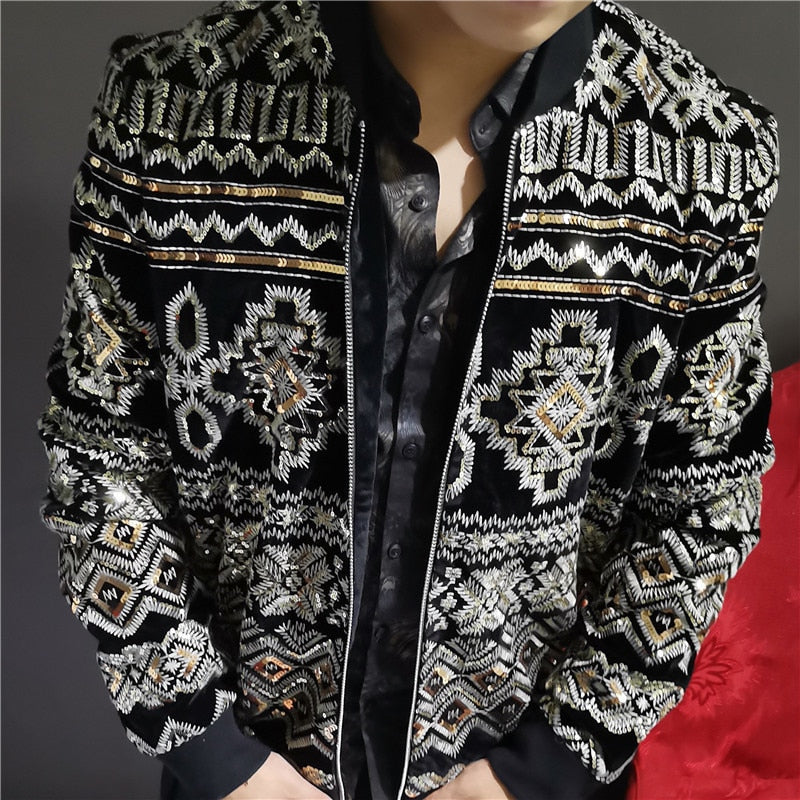 Bonsir Heavy Embroidery Increase Paillette Leisure Time Loose Coat Jacket Spring Autumn Men's Wear Baroque Court Wind Imported Velvet