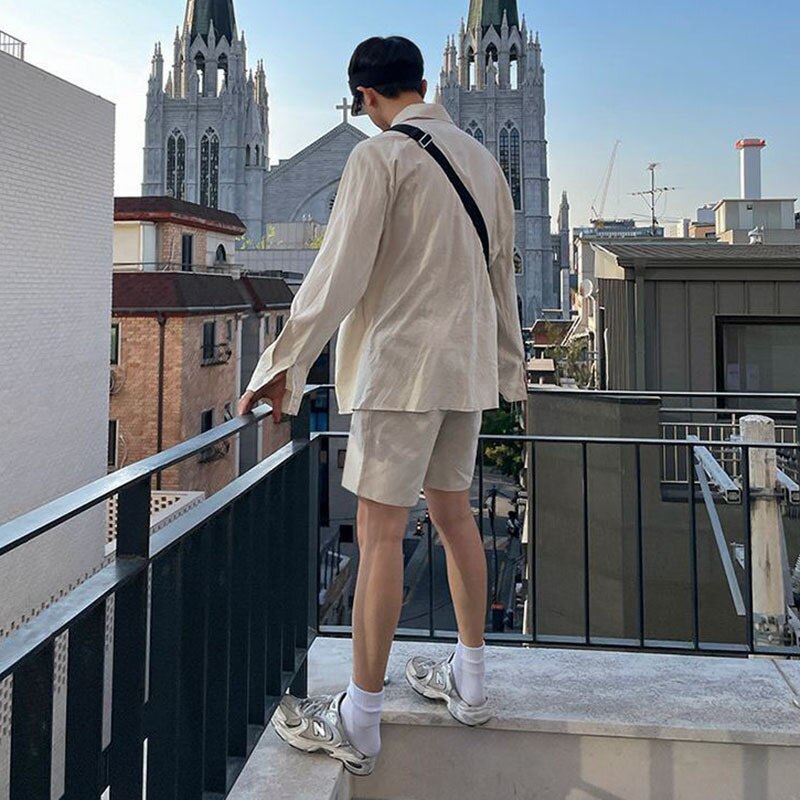 sanyamk Summer Men's Suit Solid Color Two-piece Sets Lapel Long Sleeve Shirt Elastic Waist Shorts 2023 Korean New Fashion