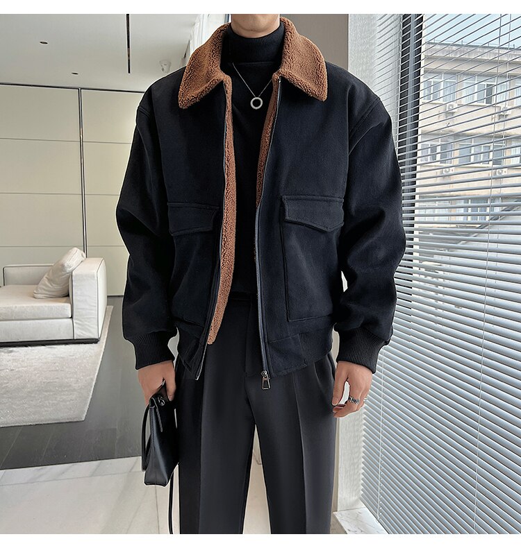 sanyamk Winter Men Lamb Fur Inner Fashion Loose Casual Vintage Short Cargo Jacket Male Japan Korean Streetwear Coat Outerwear