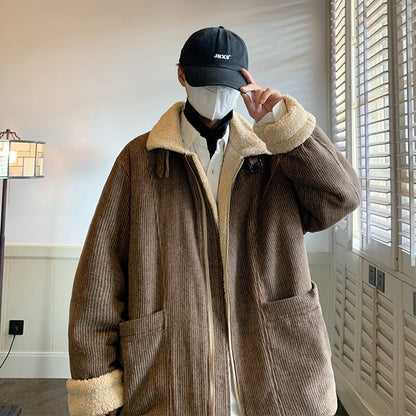 Bonsir Winter Thick Corduroy Jacket Men Warm Fashion Retro Thickened Lamb Wool Jackets Mens Streetwear Korean Loose Short Coat Men