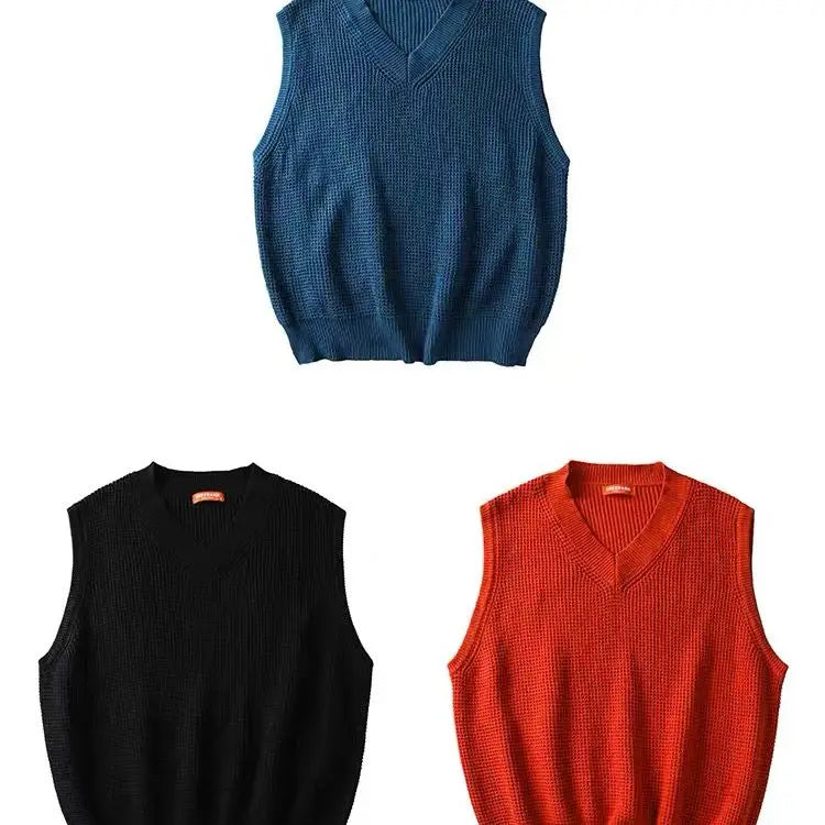 Bonsir Sweater Vest Men V-neck Solid Leisure Loose All-match Streetwear Sleeveless Sweaters Mens Chic Korean Style Sweater Vest C65