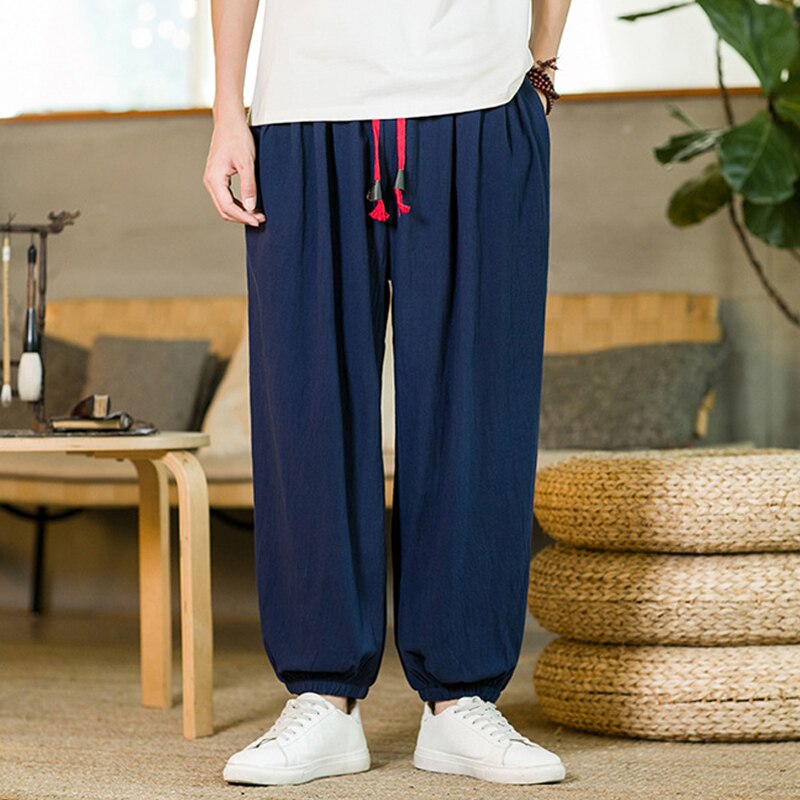 Bonsir Men Loose Harem Pants Summer Casual Solid Cotton Linen Pant Mens Fashion Drawstring Tie-up Waisted Trousers Mens Fall Long Pants