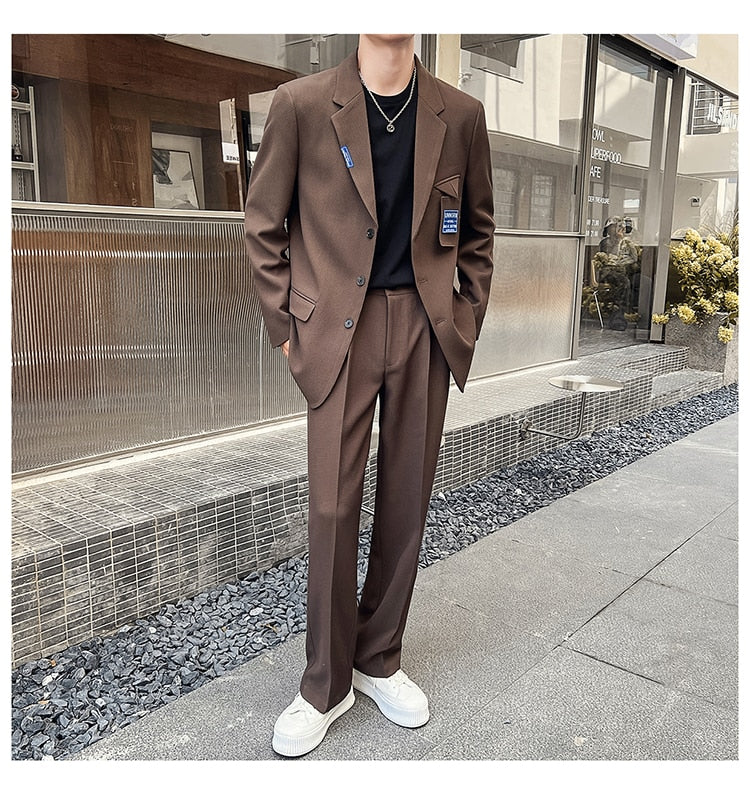 Bonsir Mens Suits Sets Jacket Pant Men Korean Streetwear Office Fashion Loose Casual Blazer Suit Jacket Pant Chic Trend Dress Suits