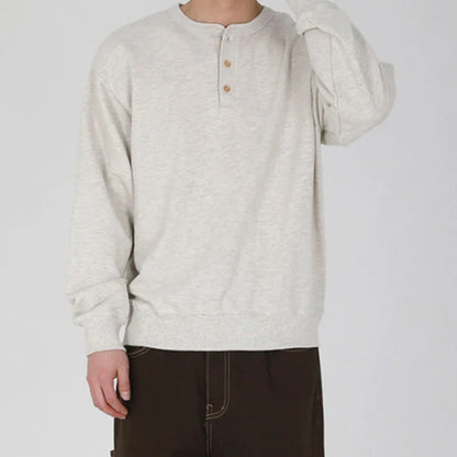 sanyamk  -  Niche Style Men's T-shirts Round Collar Button Loose Solid Color Pullover Male Casual Tops New Simple Autumn 2024 9C6618