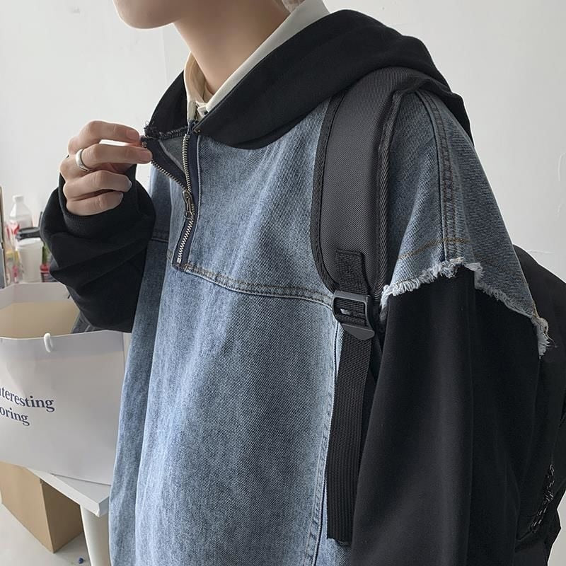 sanyamk Autumn Pullover Denim Jacket Men Fashion Casual Hooded Jacket Men Streetwear Hip Hop Loose Bomber Jacket Mens Hoodies M-3XL