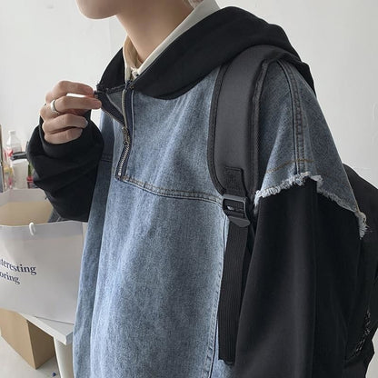 sanyamk Autumn Pullover Denim Jacket Men Fashion Casual Hooded Jacket Men Streetwear Hip Hop Loose Bomber Jacket Mens Hoodies M-3XL