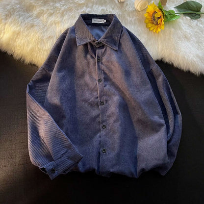 Bonsir Corduroy Long Sleeve Shirts Men's New Spring Autumn Solid Color  Men's Couples Loose Lapel Unisex Blouse