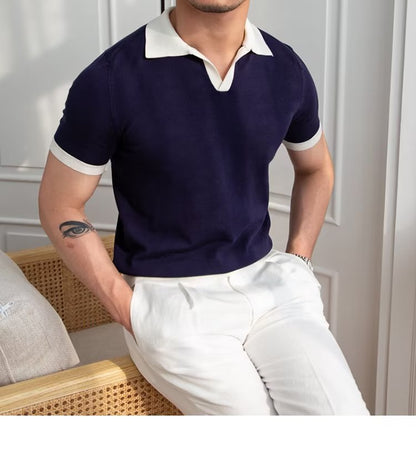 sanyamk New Summer Polo Shirt Color Contrast Knitted Polo Mens Polo Collar Versatile T-Shirt Fashion Trend New Product