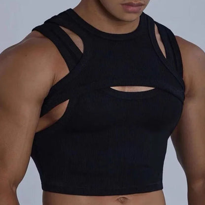 sanyamk 2024 Pure Cotton Tank Tops Men's Motion Tight Elastic Force Bottoming Shirt Round Neck Hollow Out Fashion Undershirt