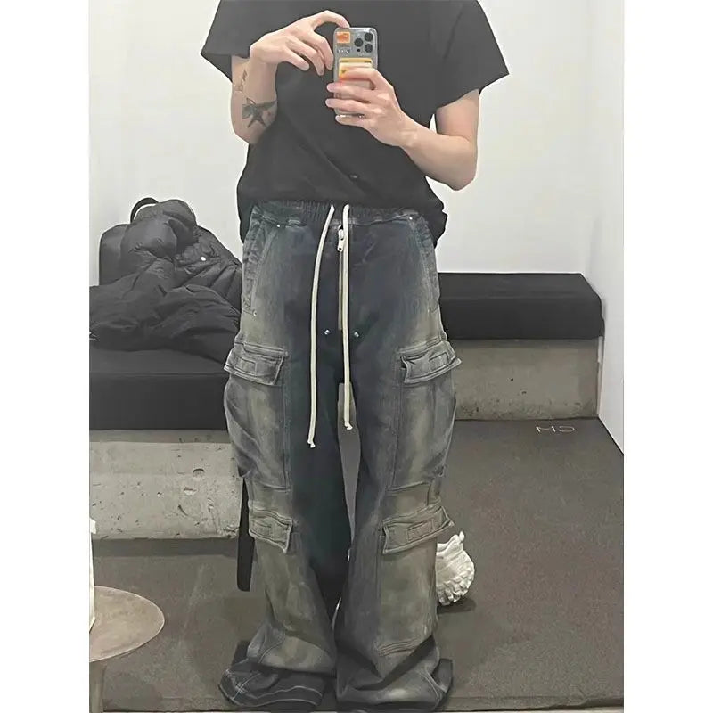 sanyamk Y2k hip-hop loose straight leg wide leg men and women summer high-end retro washed gray blue denim workwear casual pants