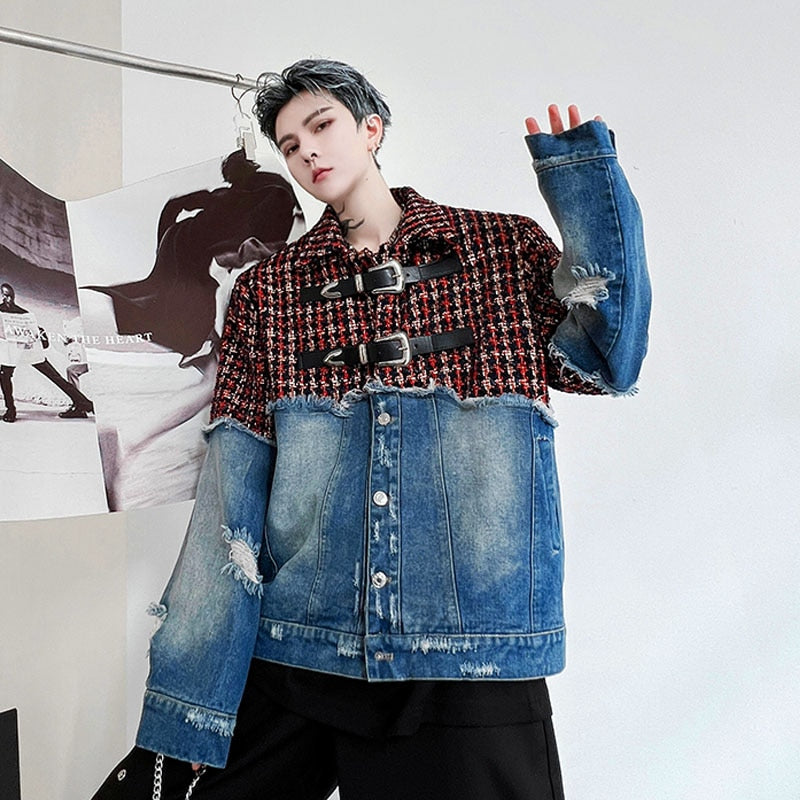 sanyamk Men Plaid Wool Denim Patchwork Streetwear Fashion Loose Casual Vintage Fashion Jacket Male Women Hip Hop Coat Outerwear