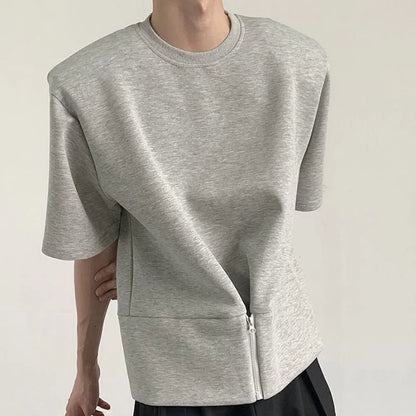 Bonsir Shoulder Pad Short Sleeve T Shirt Men's Retro Pullover Loose Design O Neck Top Half Sleeve Summer Zipper Half-sleeved Tees Shirt