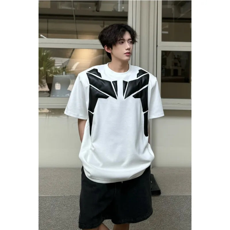 sanyamk  -  Summer Fashion Men T-shirts Black White Contrast PU Leather Patchwork Short Sleeve Tops Tees Hip Hop High Street Clothing