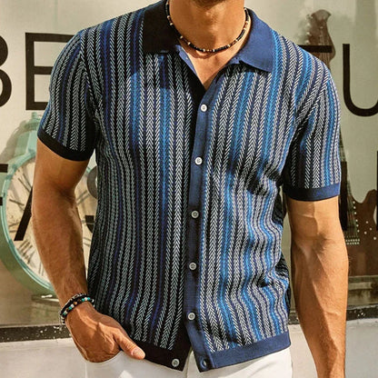 sanyamk Summer Men's Luxury Knitted Printed Shirt Fashion Short Sleeve Button-down Shirts for Men Vintage Business Leisure Knitwear