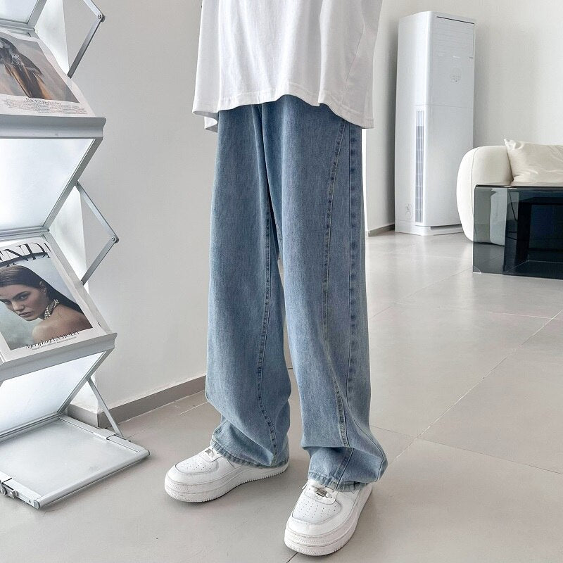 Bonsir Spring Summer New Casual Jeans Men Fashion Straight Loose Jean Pants Neutral Streetwear Solid All-match Wide-leg Trousers