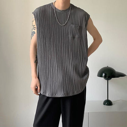 Bonsir Summer Casual Pleated Sleeveless Vest Men's Trend Sexy Sleeveless Tee Shirts Korean Loose Tabk Tops Solid All-match Streetwear