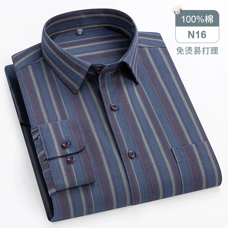 sanyamk Quality 100%Pure Cotton Men Long Sleeve Social Shirt for Oxford Shirt Men Plaid Striped Work Casual Shirt Male Regular-Fit S-8XL