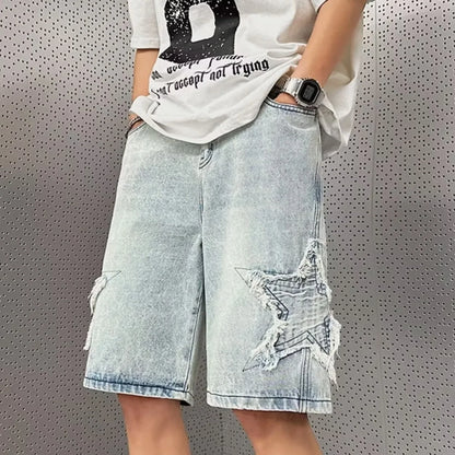 sanyamk Star Patchwork Yellow Clay Color Jeans Summer Men Denim Shorts Trendy Streetwear Five-point Pants Straight Jeans Shorts