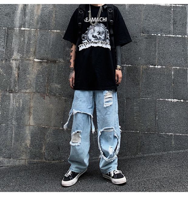 Bonsir High Street Dark Personality Destroys Raw Edge Fake Two Trendy Jeans Ripped Harajuku Punk Wide-leg Straight Denim Pants Black