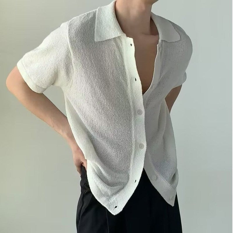 sanyamk Casual Knit Thin Shirts Men Summer Short Sleeve Turn-down Collar Buttoned Solid Shirt Leisure Mens Clothes Vintage Knitting Tops